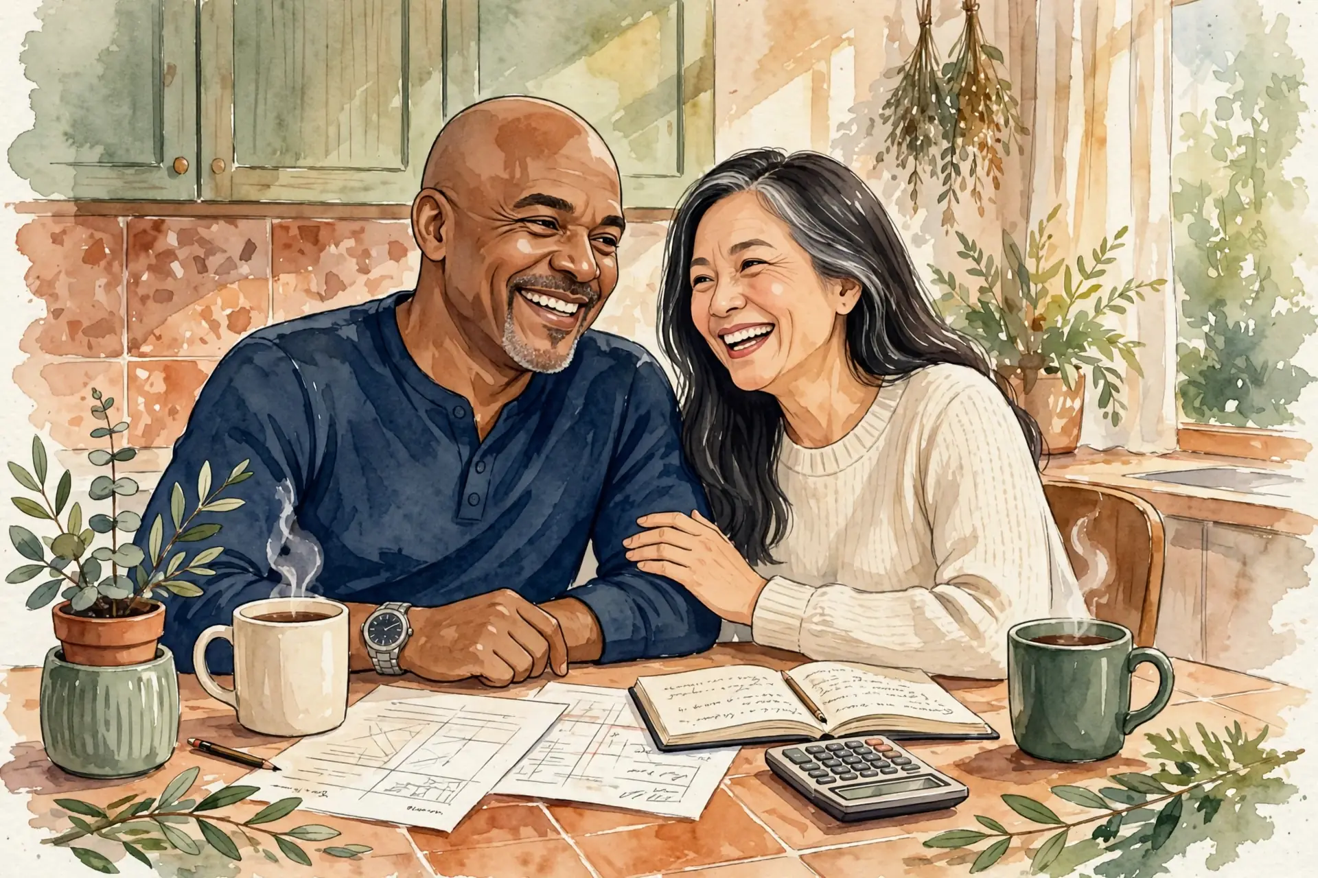 Mark and Linda sitting together at their kitchen table with coffee